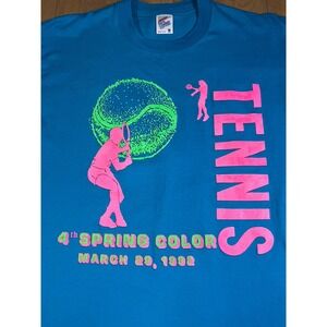 Vintage 1992 Tennis Tournament Graphic T-Shirt Blue Pink‎ Green Mens Medium M